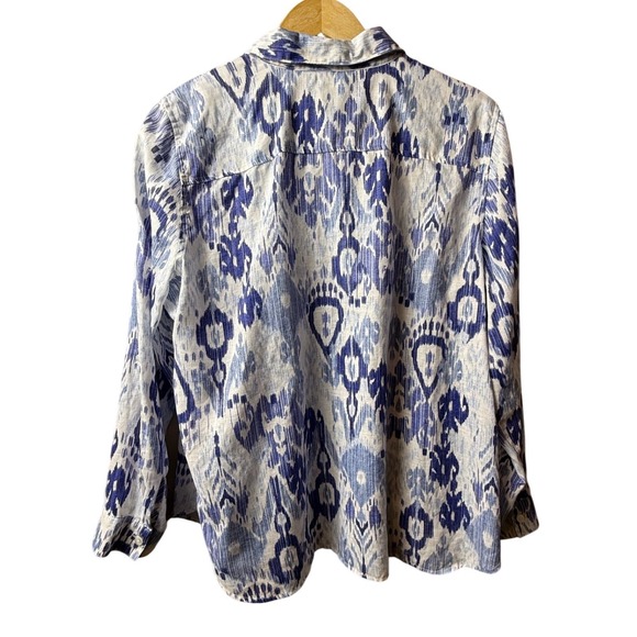 Chico's Womens No Iron Linen Ikat Print Button Down Shirt Blue White Size 3XL - Picture 3 of 14